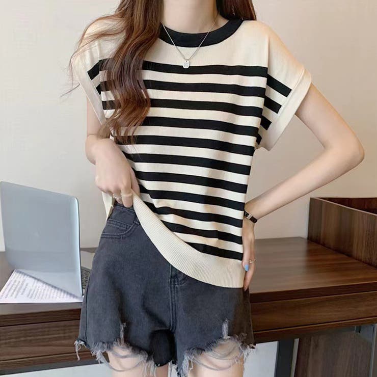 ベージュ | フレンチスリーブサマーニット ボーダー柄 | Miniministore