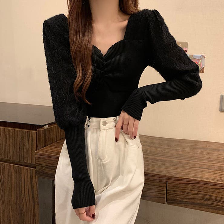 ブラック | レース切り替え ニットトップス 韓国風 オフィスカジュアル | Miniministore