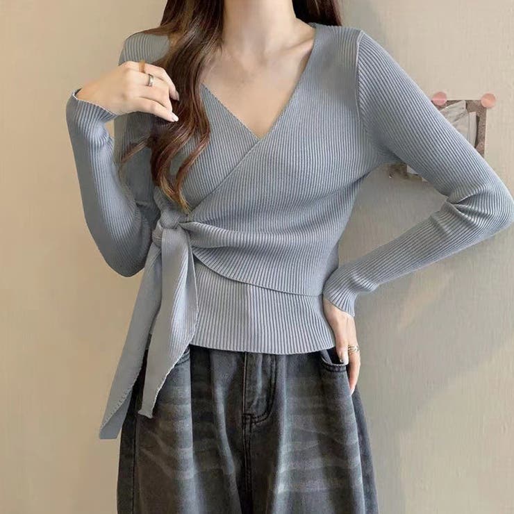 カシュクールリブニットトップス 大人秋服[品番：II000009400