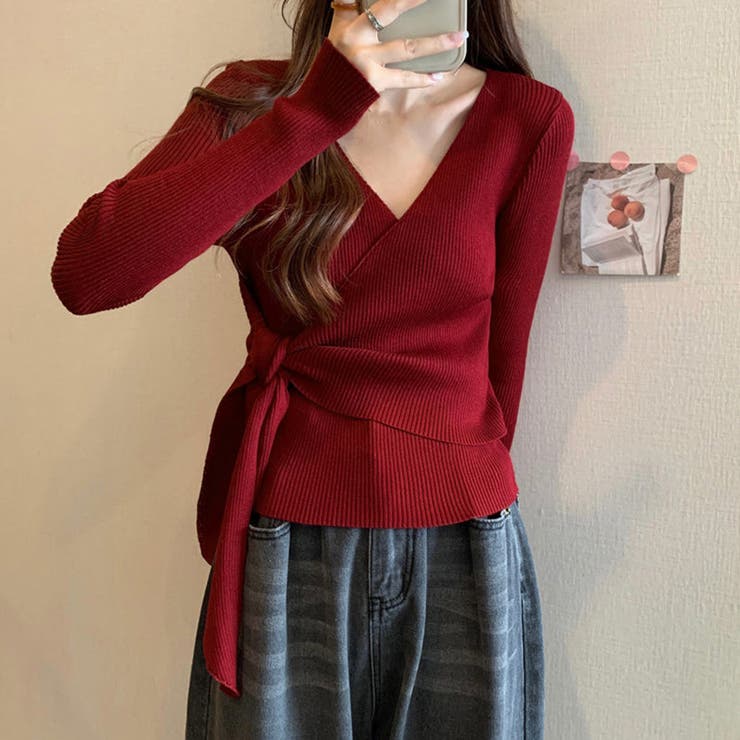現行✨エポカ カシュクール プルオーバー リブニット トップス ホワイト 洗える カシュクールリブニットトップス 大人秋服[品番：II000009400