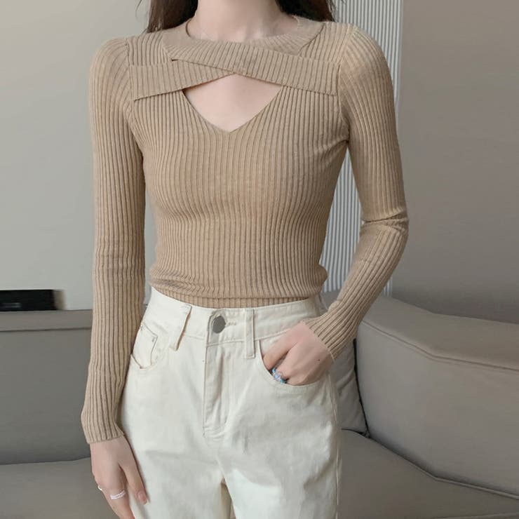 ダークベージュ | フロントクロス リブニット 韓国風 春秋 | Miniministore