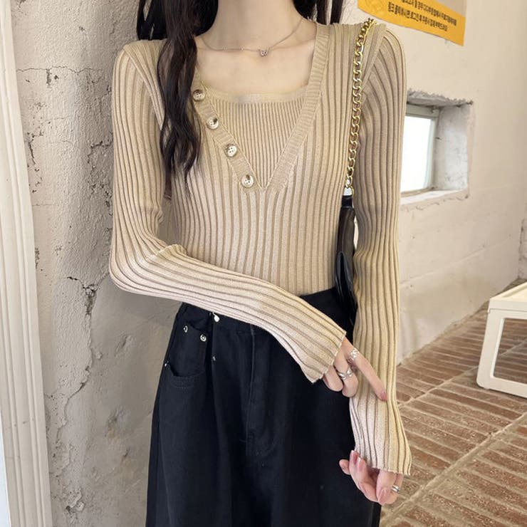 ベージュ | レイヤード風 リブニットトップス 韓国風 | Miniministore