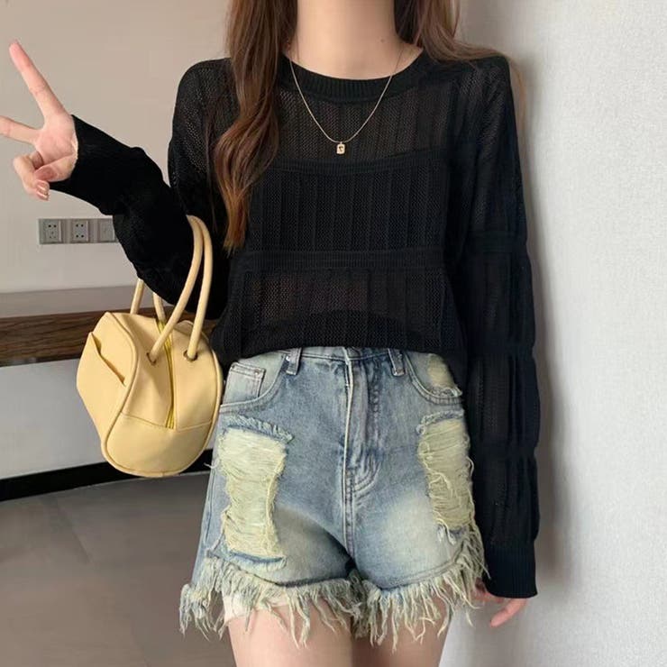 ブラック | 透かし編み 長袖ニットトップス 韓国風 | Miniministore