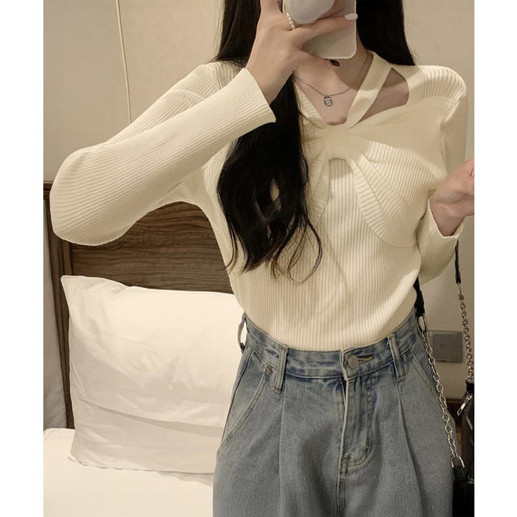 アイボリー | フロントリボンリブニットトップス大人秋服 | Miniministore