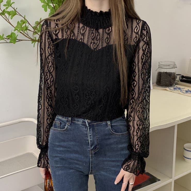 ブラック | レース ブラウス プチハイネック 重ね着 オフィスカジュアル | Miniministore