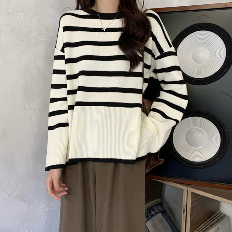 アイボリー | ボーダー柄ニットトップス サイドスリット | Miniministore