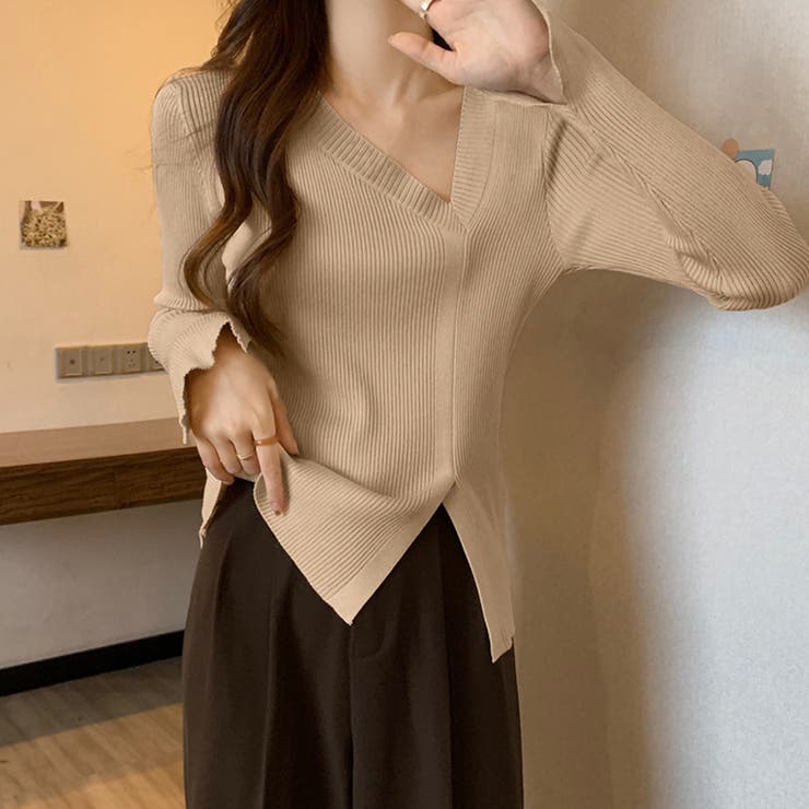 ベージュ | リブニットトップス フロントスリット | Miniministore