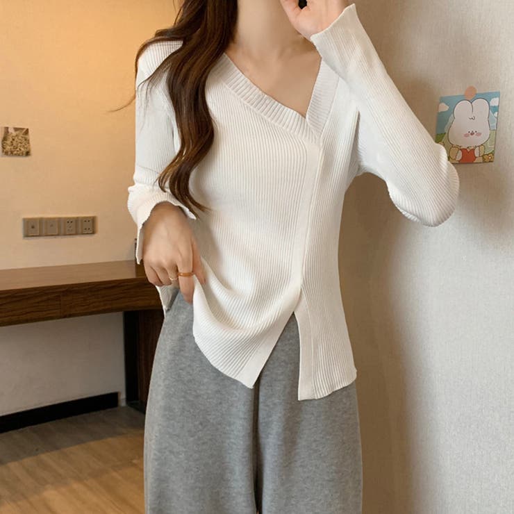 ホワイト | リブニットトップス フロントスリット | Miniministore