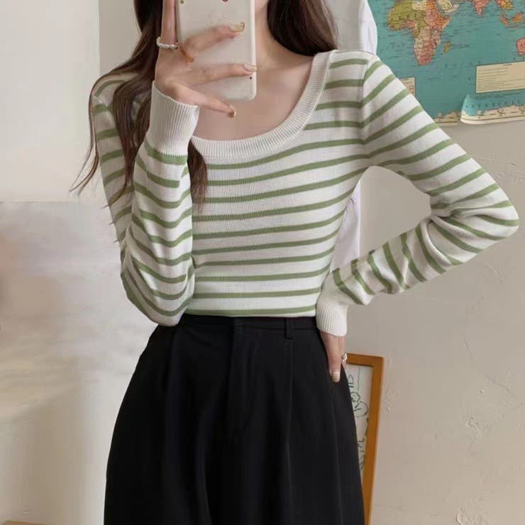 グリーン | ボーダー柄ニットトップス スクエアネック | Miniministore
