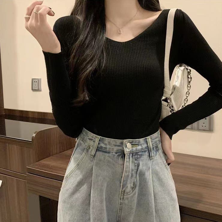 ブラック | リブニットトップス レディース 韓国風 | Miniministore