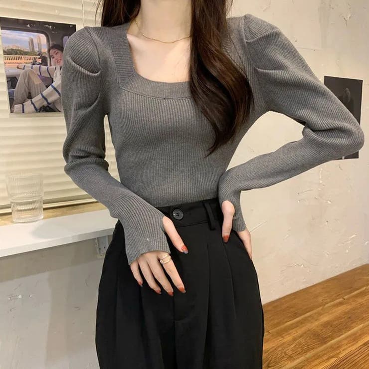 グレー | フィンガーホール ニットトップス 韓国風 | Miniministore