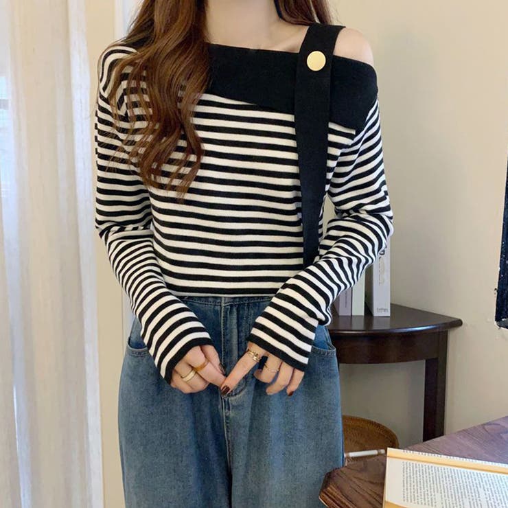 ブラック | ワンショルダー ボーダー柄ニットトップス | Miniministore