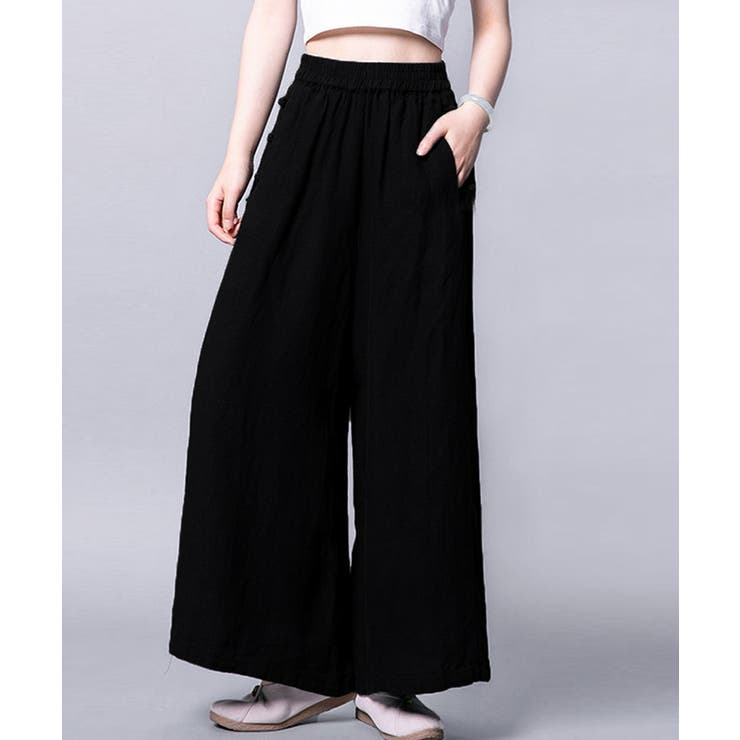 ブラック | 綿麻風ワイドパンツレディースリネンパンツ | Miniministore