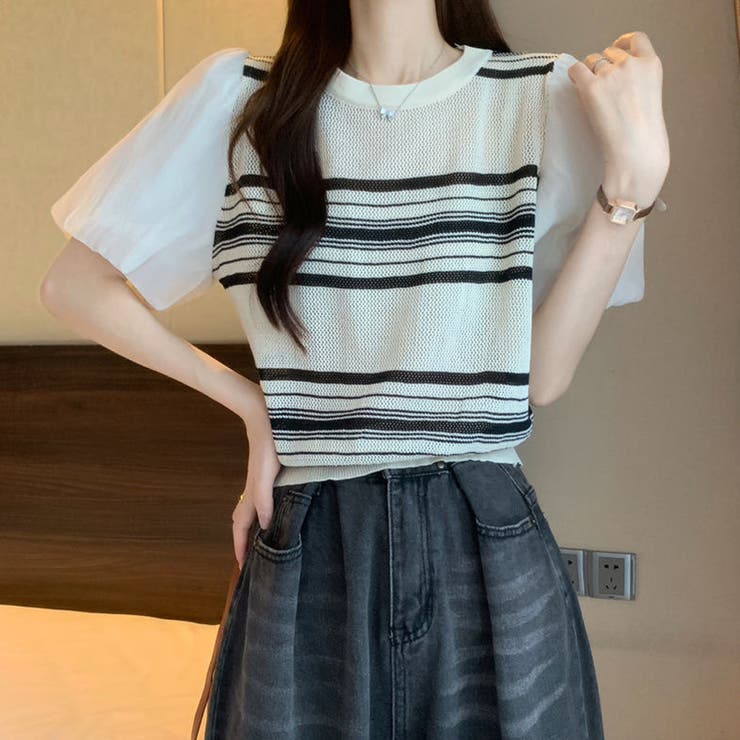 アイボリー | サマーニット異素材切り替えニットトップス | SUNSHINE CLOSET