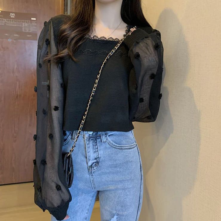 ブラック | ニットブラウス 袖切り替えニットトップス | Miniministore