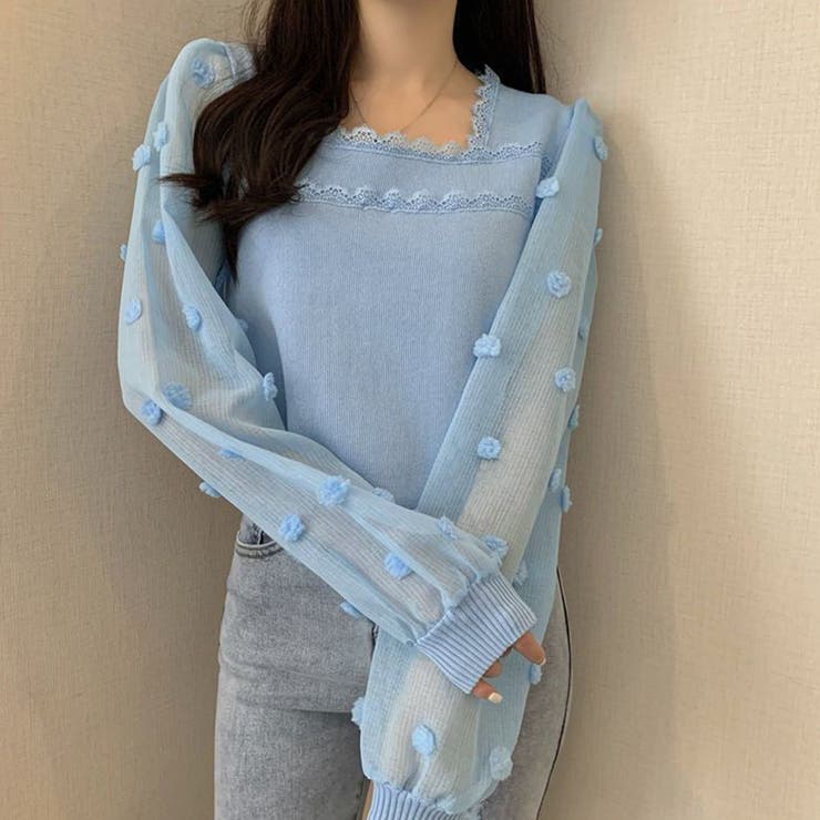 ライトブルー | ニットブラウス 袖切り替えニットトップス | Miniministore