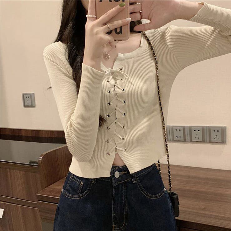 ニットトップス フロントレースアップ秋服