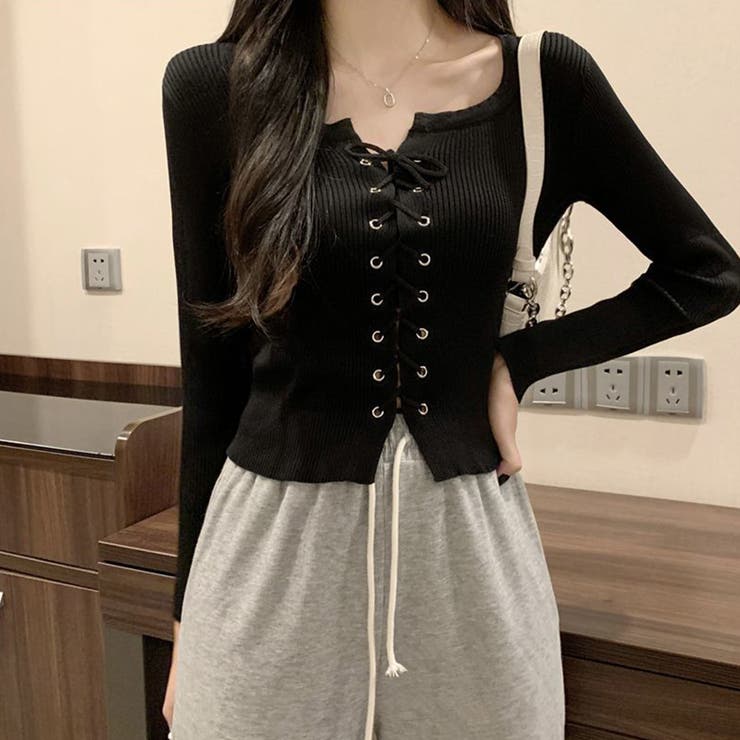 ニットトップス フロントレースアップ秋服[品番：II000010976