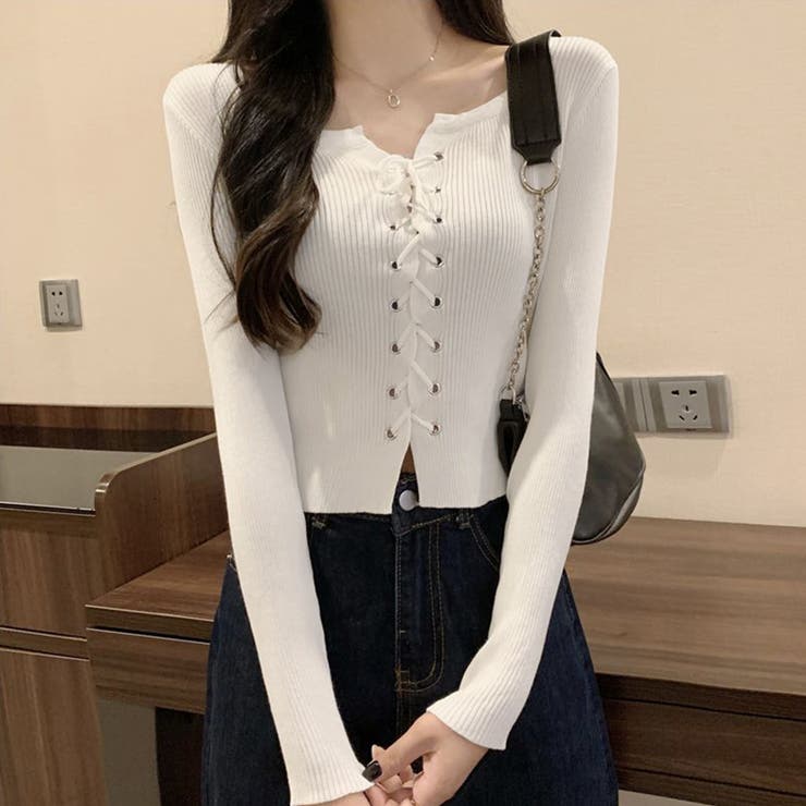 ニットトップス フロントレースアップ秋服[品番：AGCW0004798