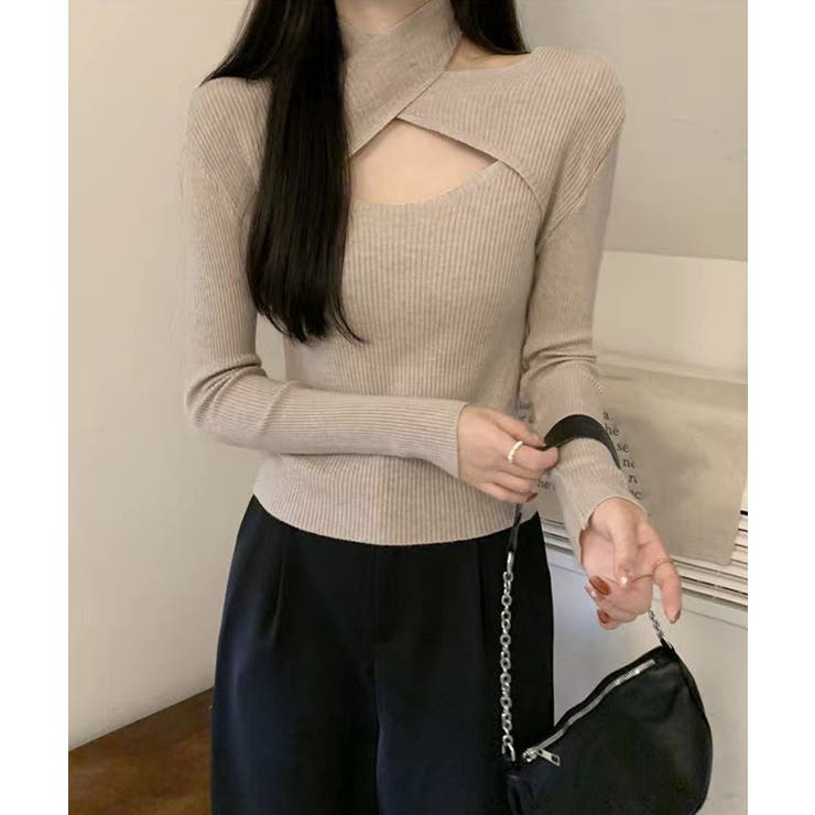 ベージュ | ニットトップス ホルターネックリブニット | Miniministore