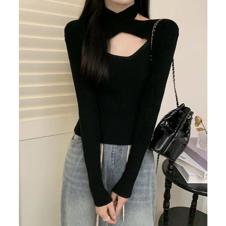 ブラック | ニットトップス ホルターネックリブニット | Miniministore