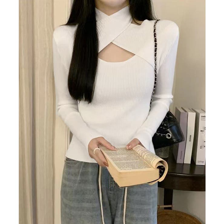 ホワイト | ニットトップス ホルターネックリブニット | Miniministore