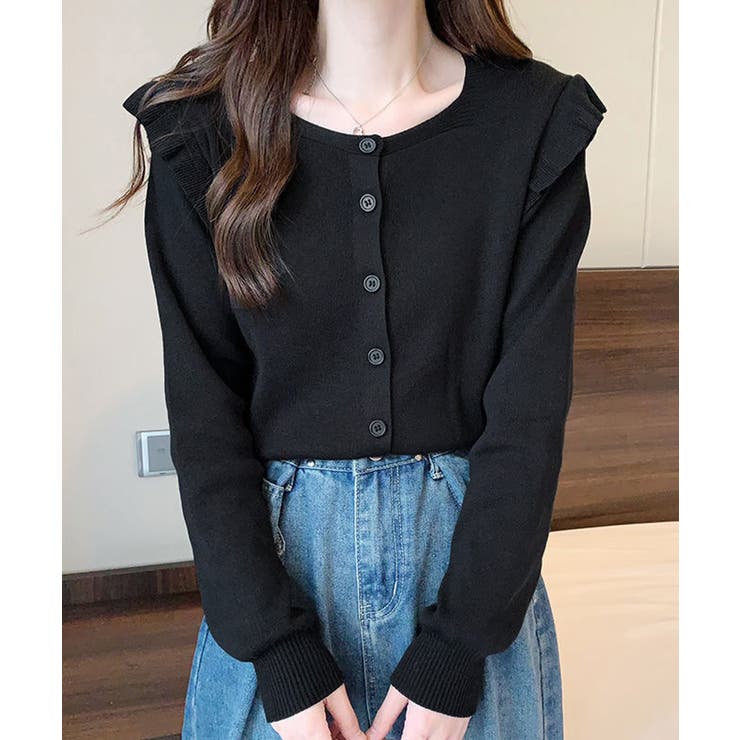 ブラック | ニットカーディガン ショルダーフリル | Miniministore