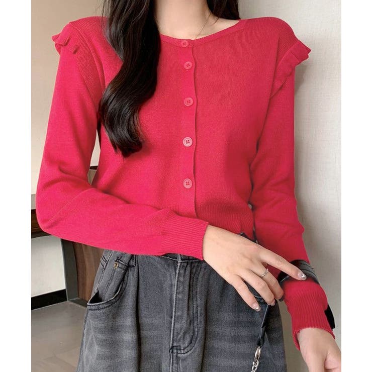 レッド | ニットカーディガン ショルダーフリル | Miniministore