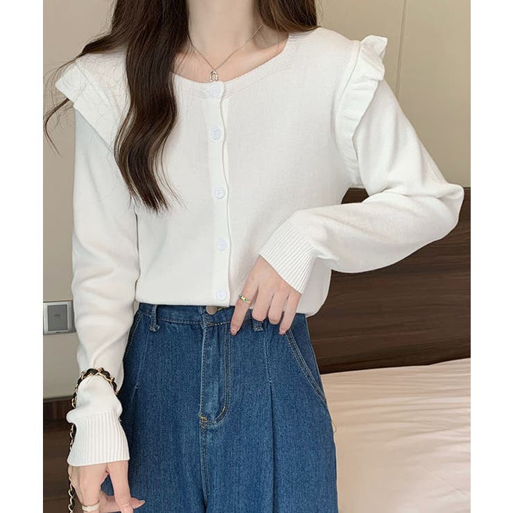 ホワイト | ニットカーディガン ショルダーフリル | Miniministore