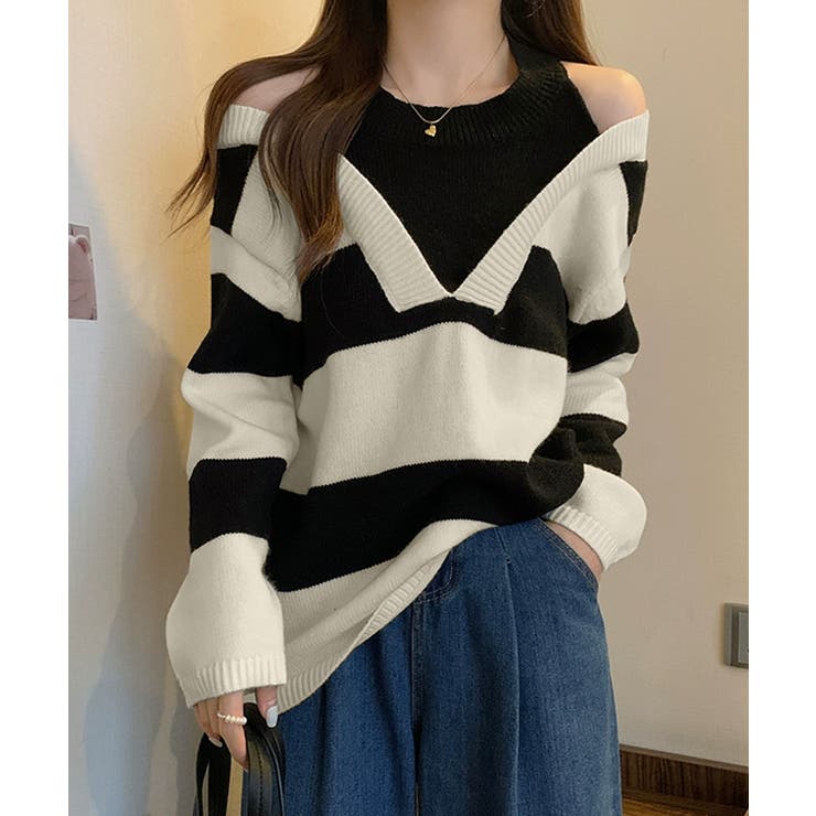 ブラック | ボーダー柄ニットトップス オフショルダー | SUNSHINE CLOSET