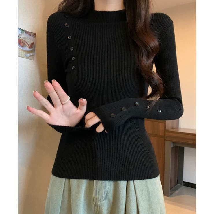 ブラック | ニットトップス 飾りボタン リブニット | Miniministore