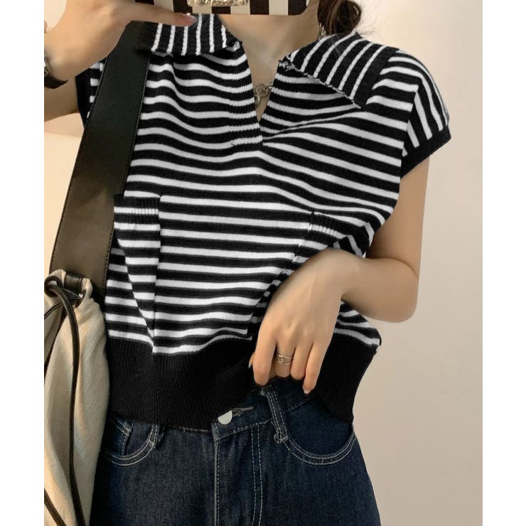 ブラック | フレンチスリーブポロニット ボーダー柄 | Miniministore