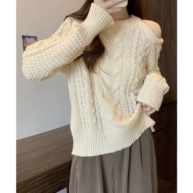 アイボリー | ケーブルニット 長袖 韓国風 ニットソー | Miniministore