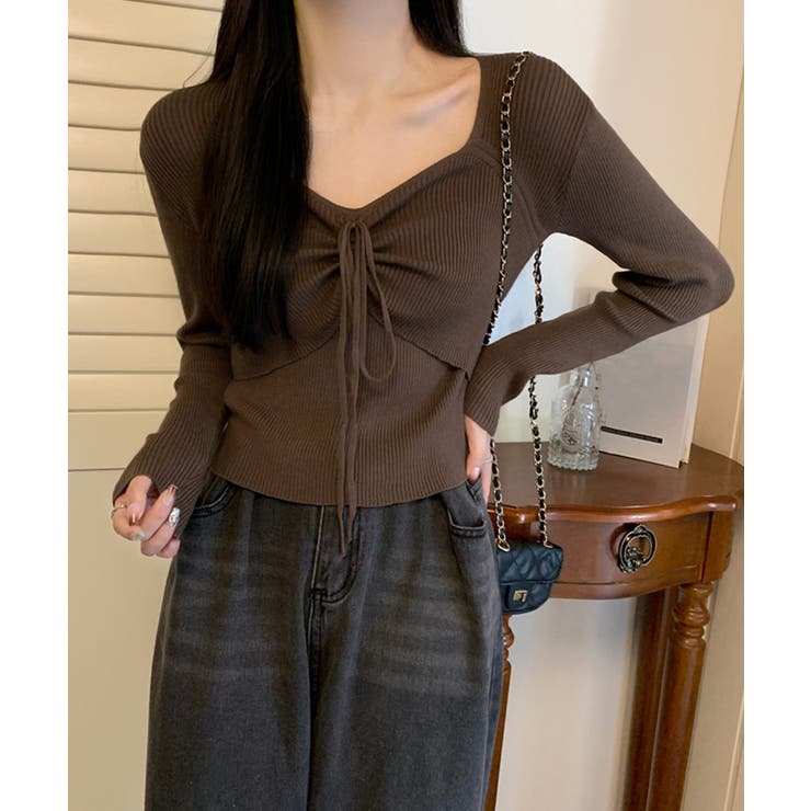 ブラウン | ニットトップス レディース リボン付き | Miniministore