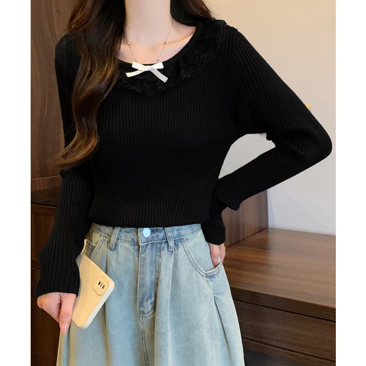 ブラック | リブニットトップス レディース きれいめ | Miniministore