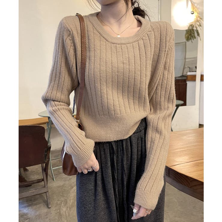 ダークベージュ | リブニット トップス きれいめ 長袖 | Miniministore