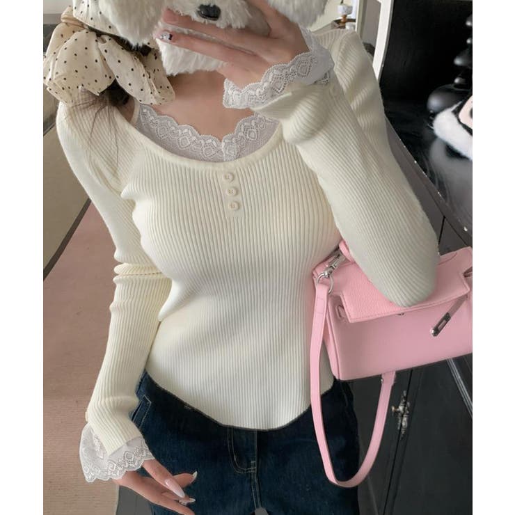 アイボリー | レイヤードニットトップス レース切替え | Miniministore