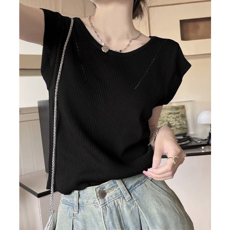 ブラック | フレンチスリーブ サマーニット 韓国風 | Miniministore