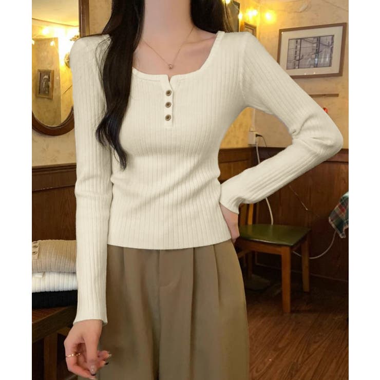 アイボリー | リブニットトップス 着やせ 無地 韓国風 | Miniministore