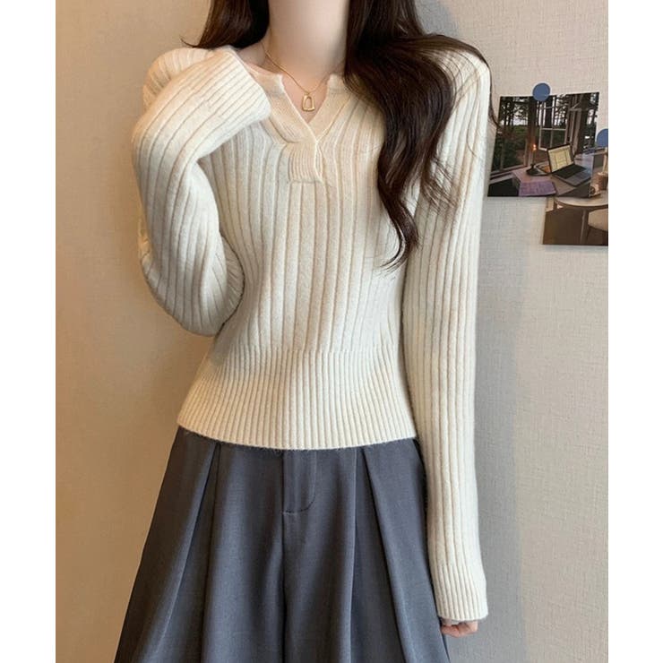 アイボリー | リブニット トップス きれいめ 長袖 | Miniministore