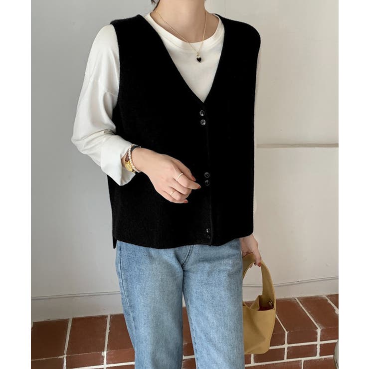 ブラック | Vネックニットベスト ニットジレ 重ね着 | SUNSHINE CLOSET