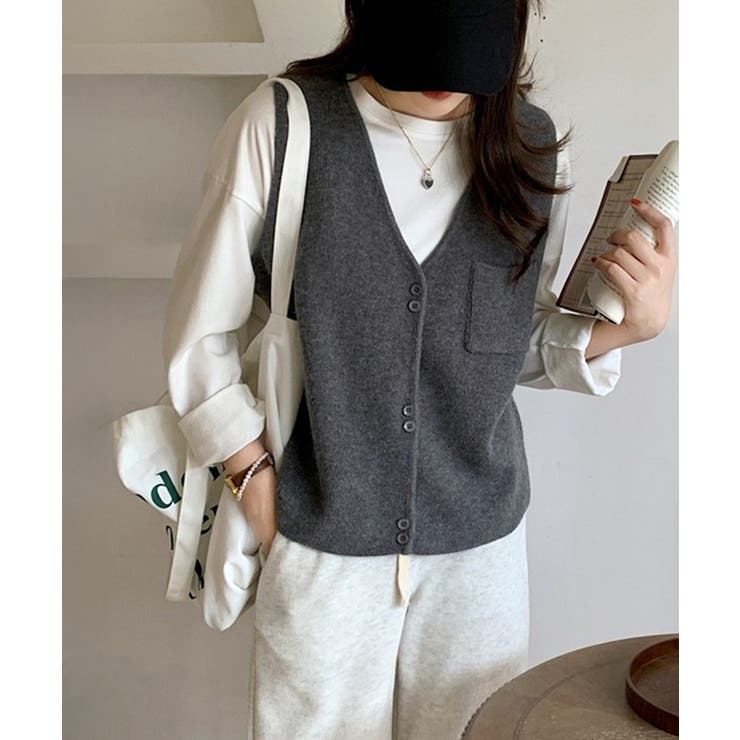 グレー | Vネックニットベスト ニットジレ 重ね着 | SUNSHINE CLOSET