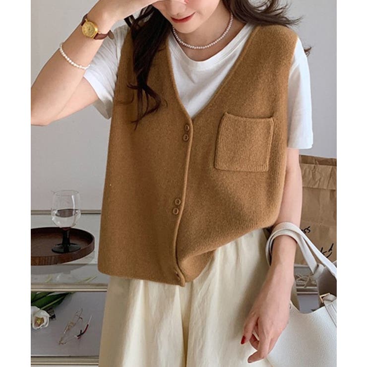 キャメル | Vネックニットベスト ニットジレ 重ね着 | SUNSHINE CLOSET