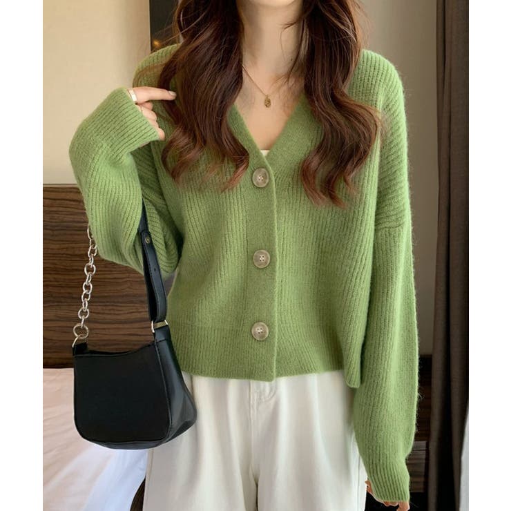 グリーン | ニットカーディガン Vネック 長袖秋冬服 | Miniministore