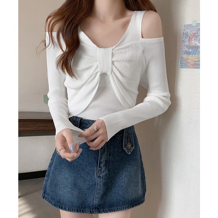 ホワイト | フロントリボンリブニットトップス大人薄手 | Miniministore