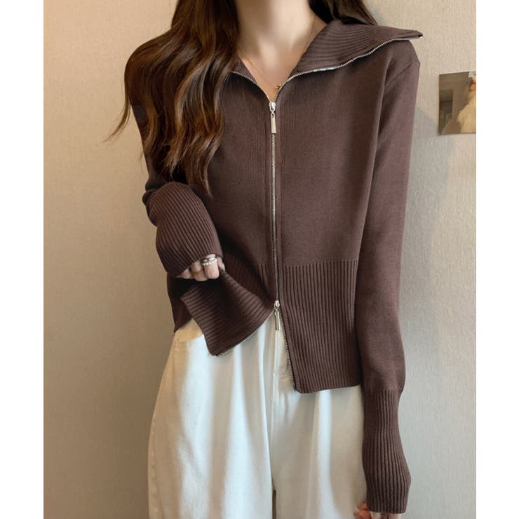 ブラウン | ダブルジップ 薄手 ニットカーディガン | Miniministore