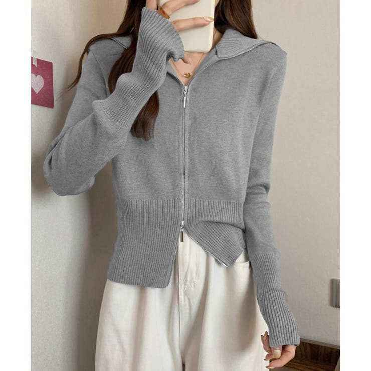 グレー | ダブルジップ 薄手 ニットカーディガン | Miniministore