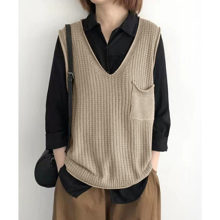 ベージュ | ニットベスト レディース vネック 秋冬 | Miniministore