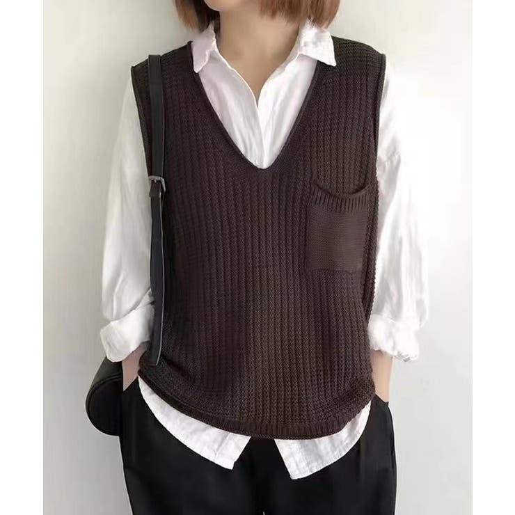 ダークブラウン | ニットベスト レディース vネック 秋冬 | Miniministore