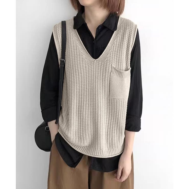 ライトベージュ | ニットベスト レディース vネック 秋冬 | Miniministore